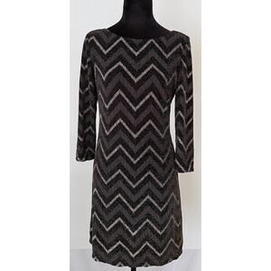 Jessica Howard Dress Womens 12P Black Metallic Chevron Shift 3/4 Sleeve Petite‎